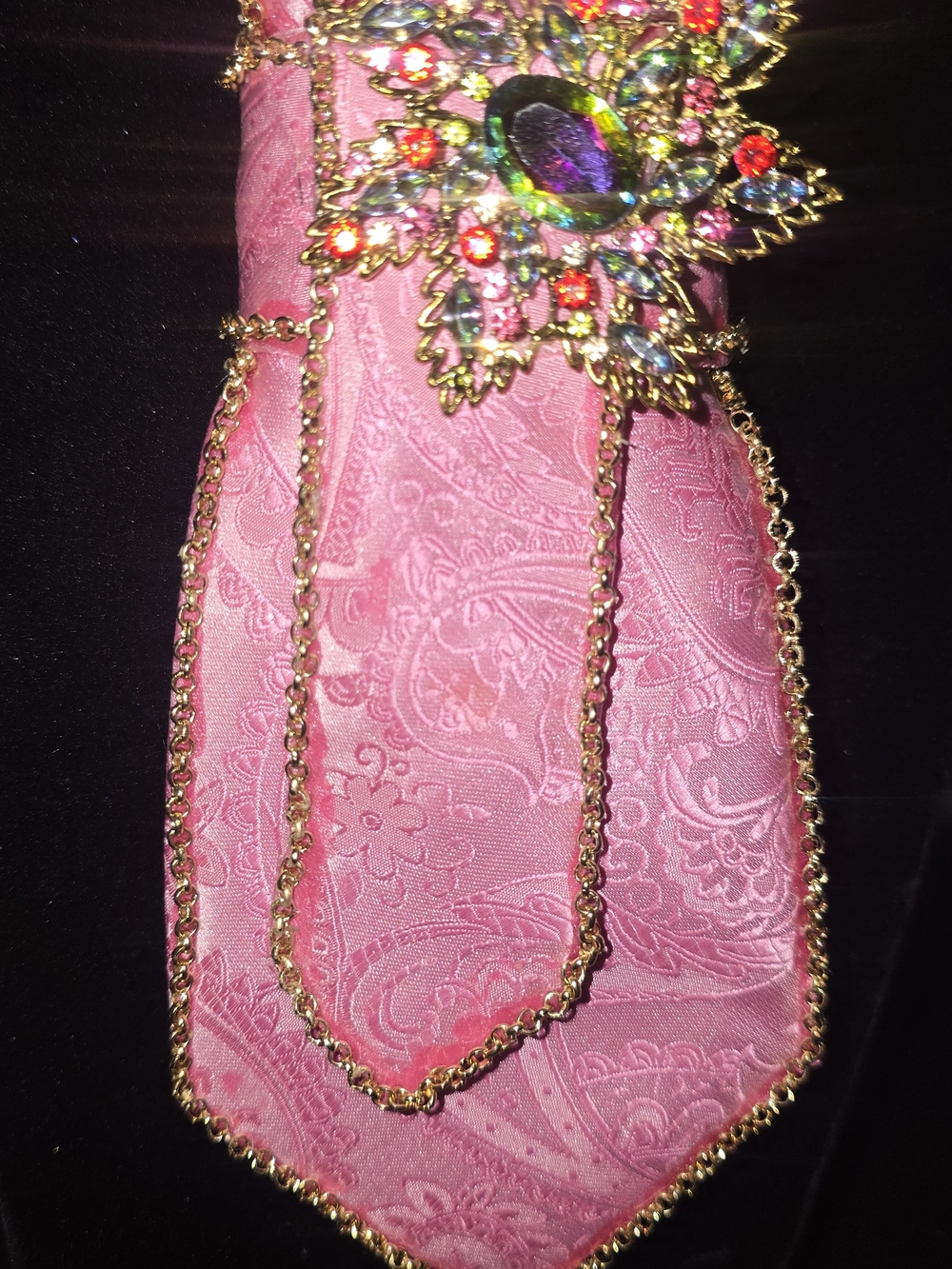 Elegant Pink Crystal Brooch Necklace - Gold Chain